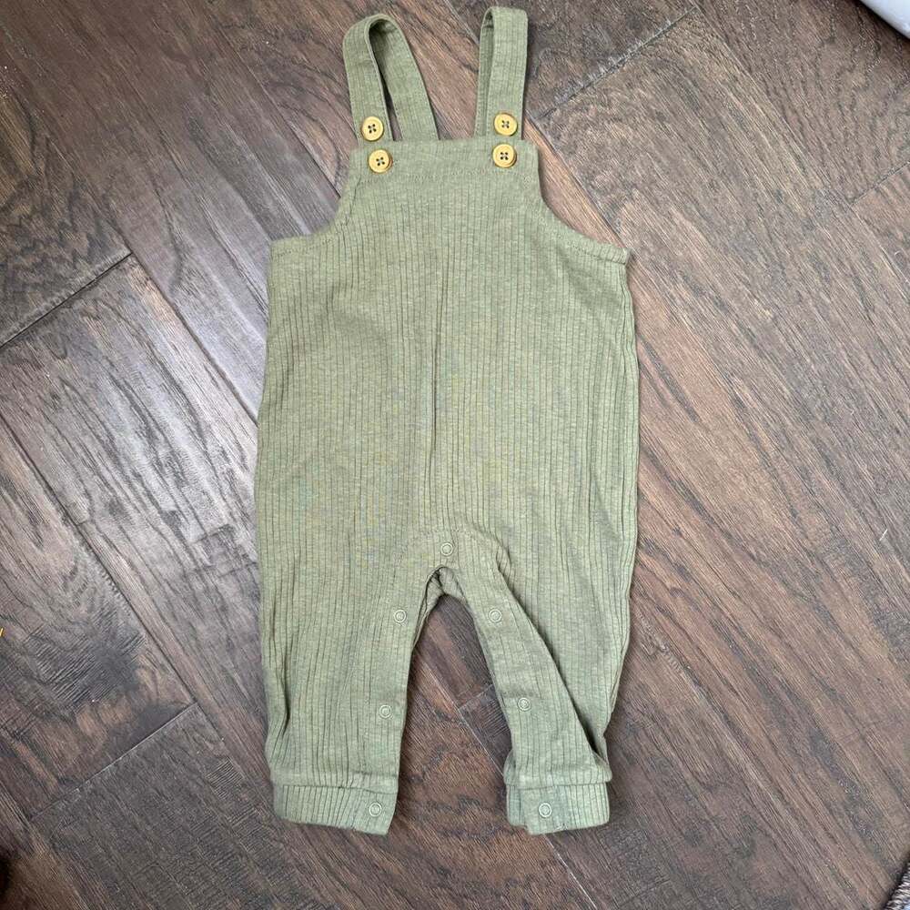 Cat & Jack Olive Green Ribbed Overalls, Cotton Blend, Size 0-3M